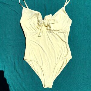 Pale Yellow Built-in Bra Bodysuit w/ Snap Closure & Front Tie